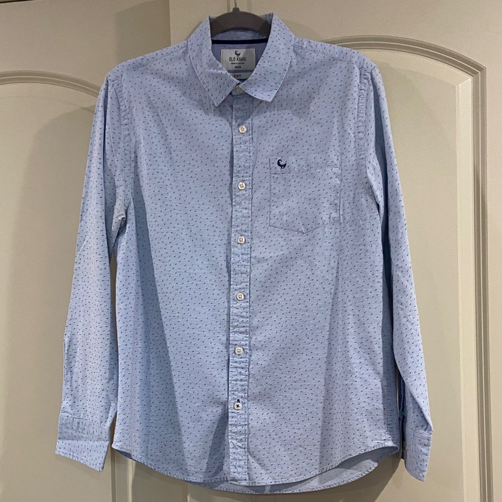 Men’s Slim Fit Light Blue Shirt with Subtle Navy and Orange Dot Print